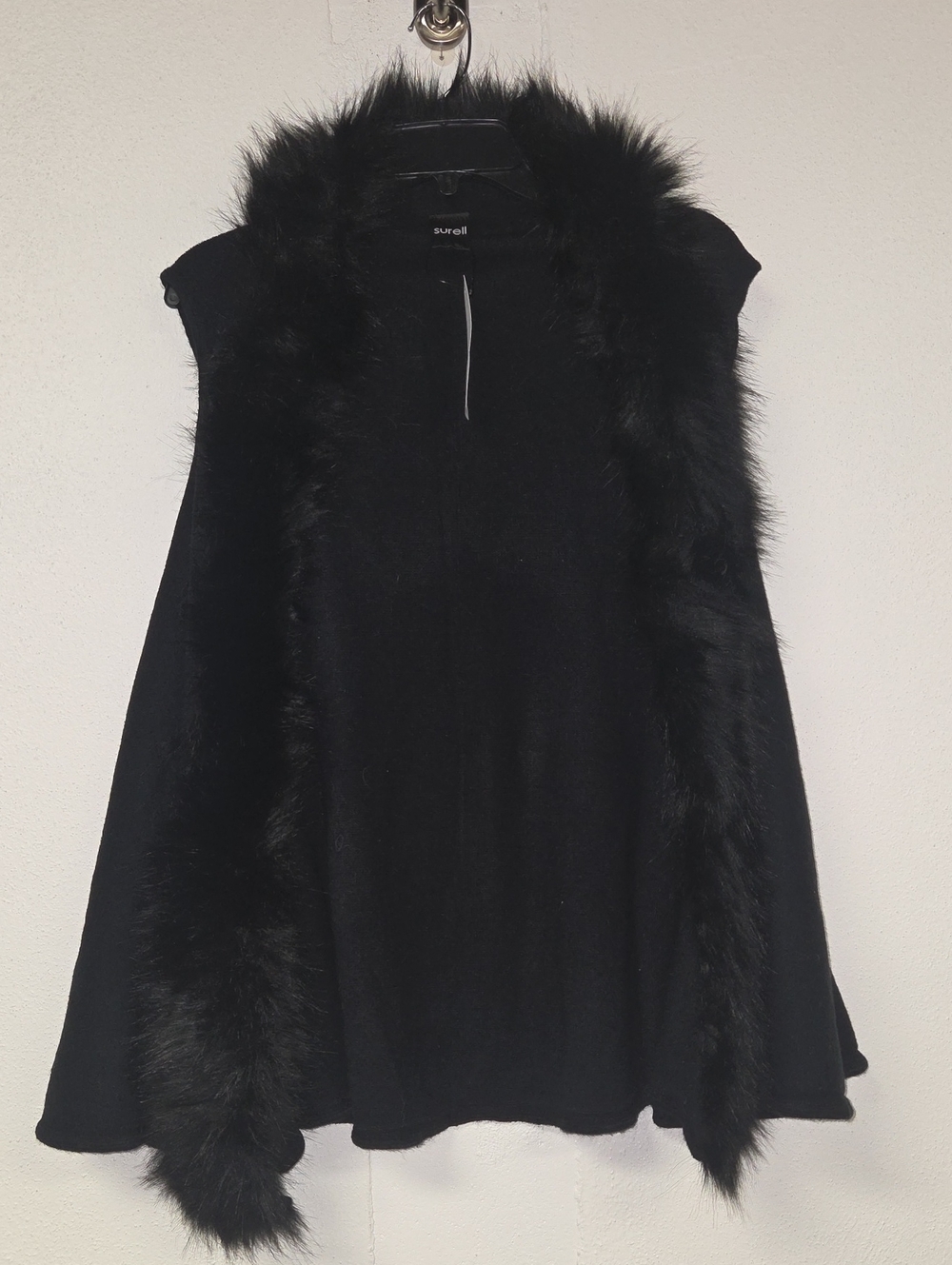 Surell Black Faux Fur-Trim Cape Wrap Vest